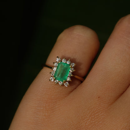 Vintage Emerald with Diamond Halo Ring Sz 4 18k