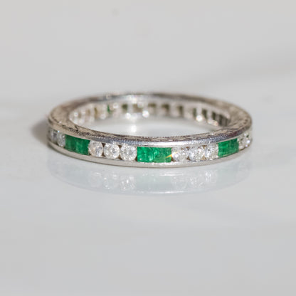 Art Deco Emerald and Diamond Eternity Band Platinum Sz 6