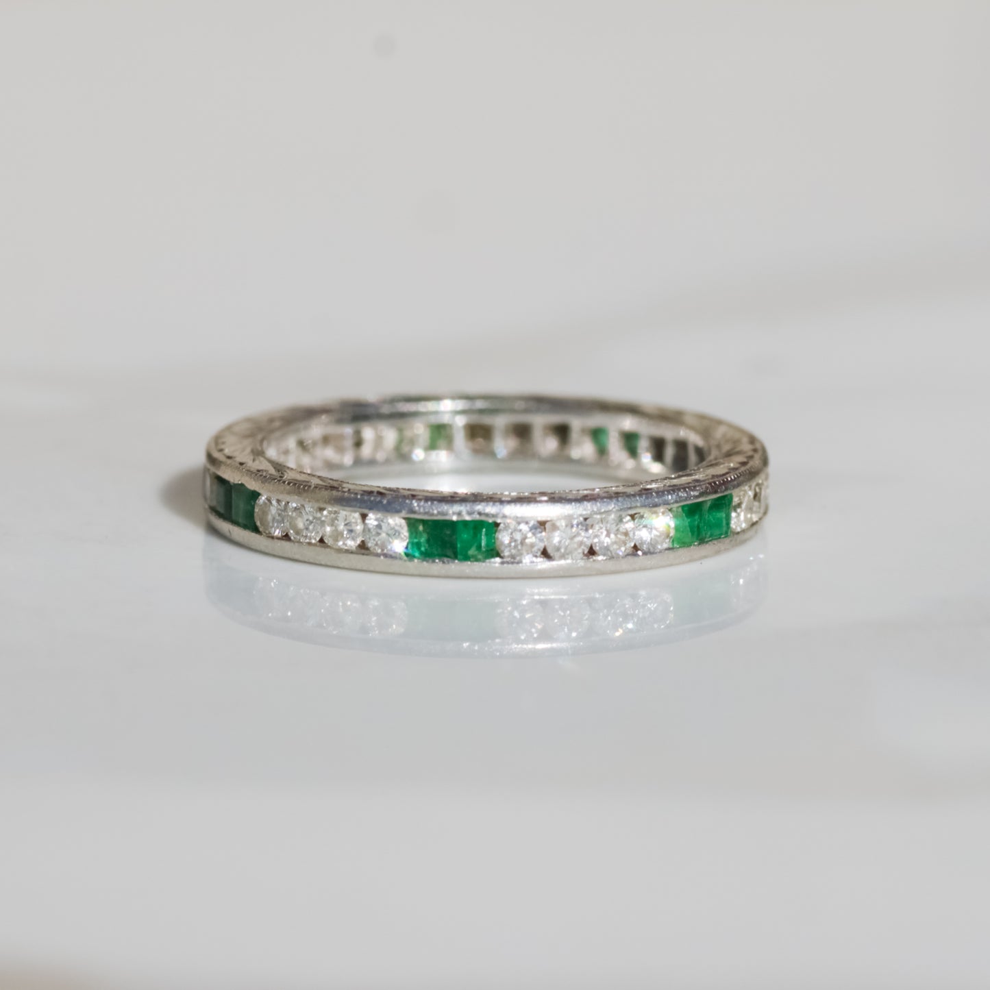 Art Deco Emerald and Diamond Eternity Band Platinum Sz 6