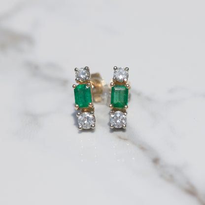 Diamond and Emerald Stud Earrings 14k