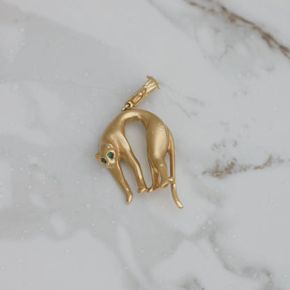 Vintage Cat with Emerald Eyes Pendant 14k