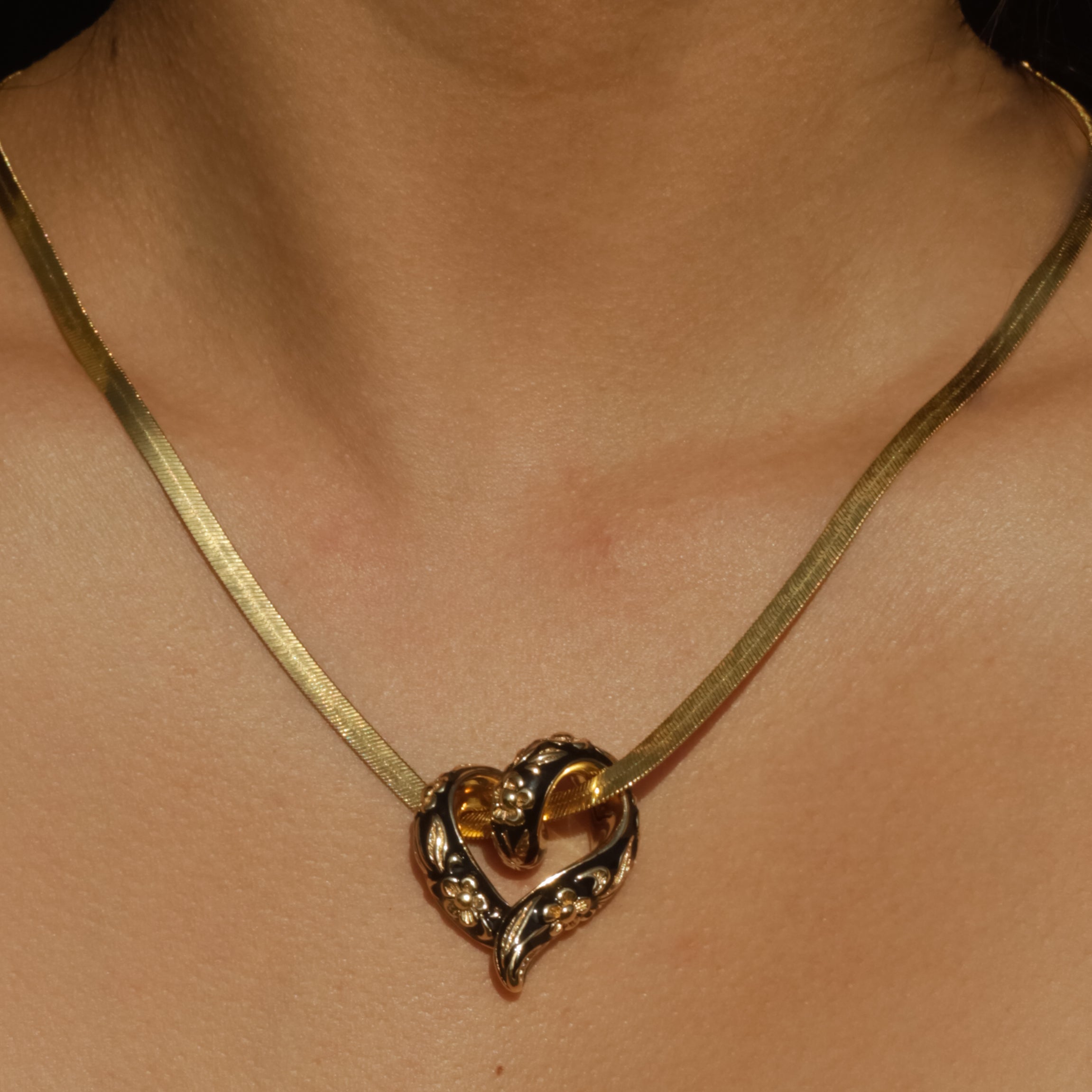 Vintage Black Enamel Floral Heart Slider Pendant 14k Gold
