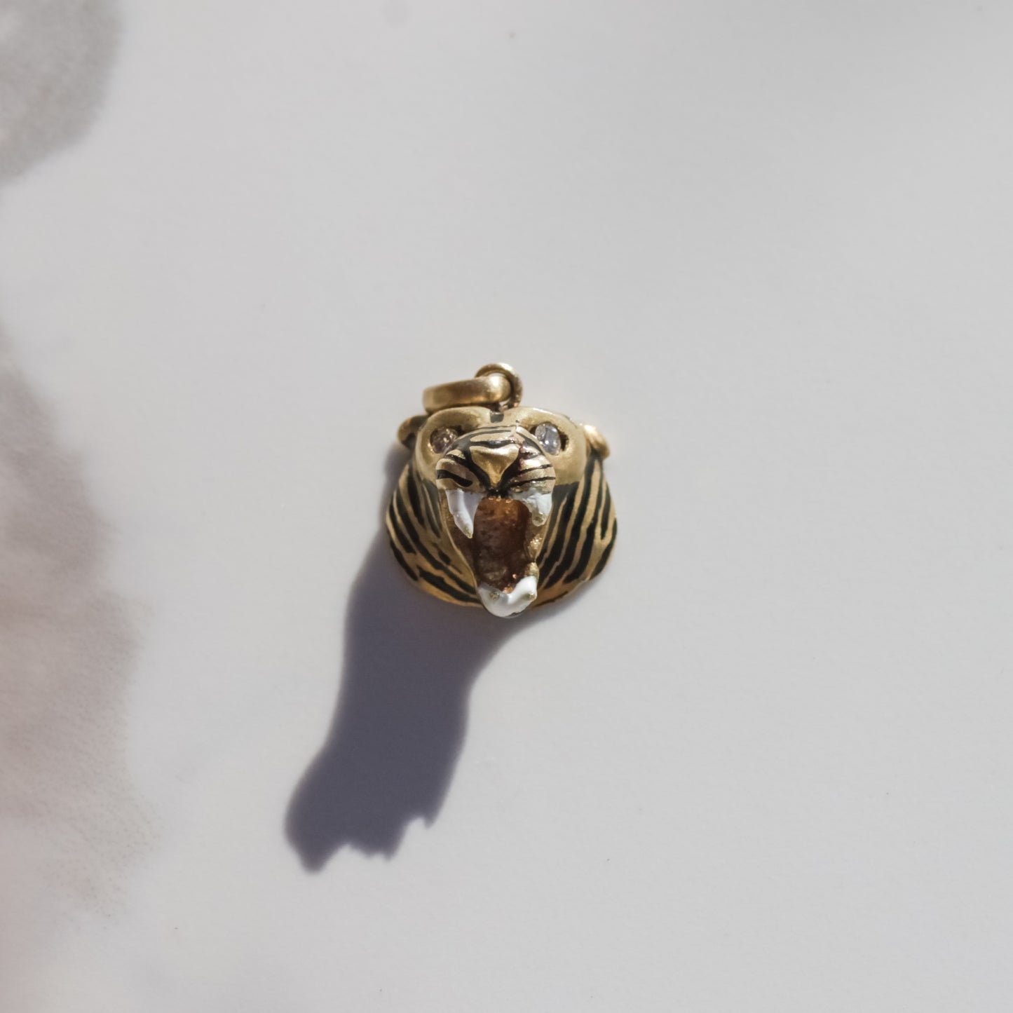 Vintage Enamel Tiger Head Pendant with Diamond Eyes 14k