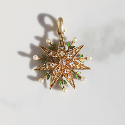 Antique Victorian Starburst Pendant with Diamond and Seed Pearls 14k