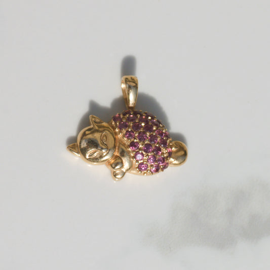 Vintage Sleeping Cat Garnet Pendant 14k Gold