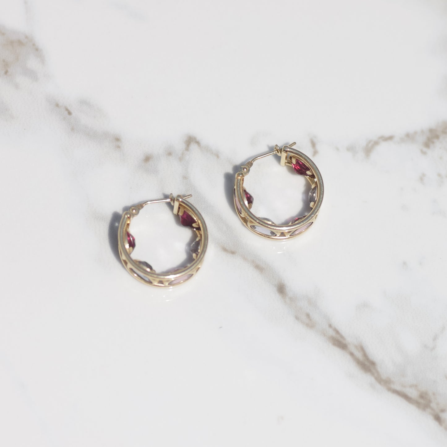 Garnet and CZ Hoop Earrings 14k