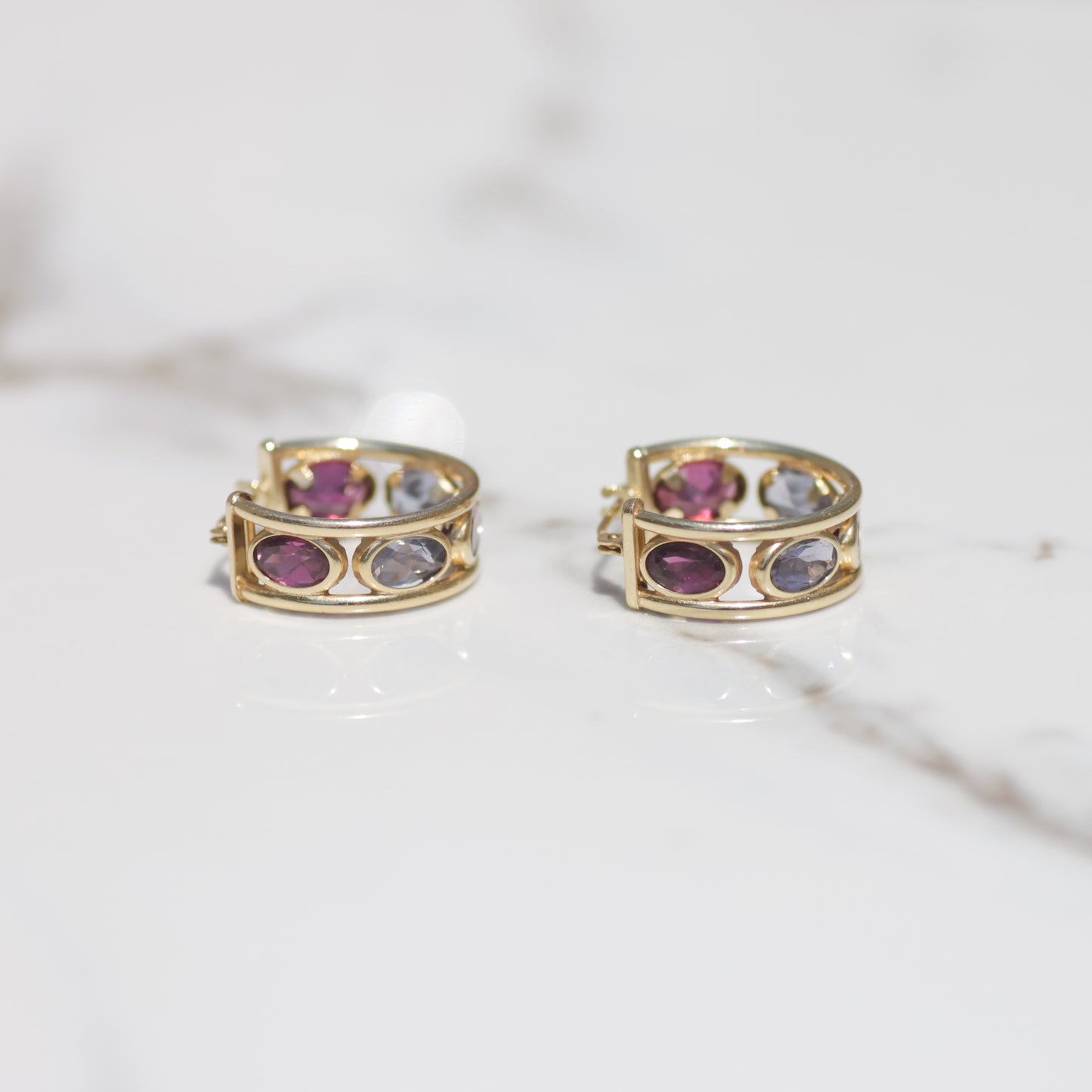 Garnet and CZ Hoop Earrings 14k