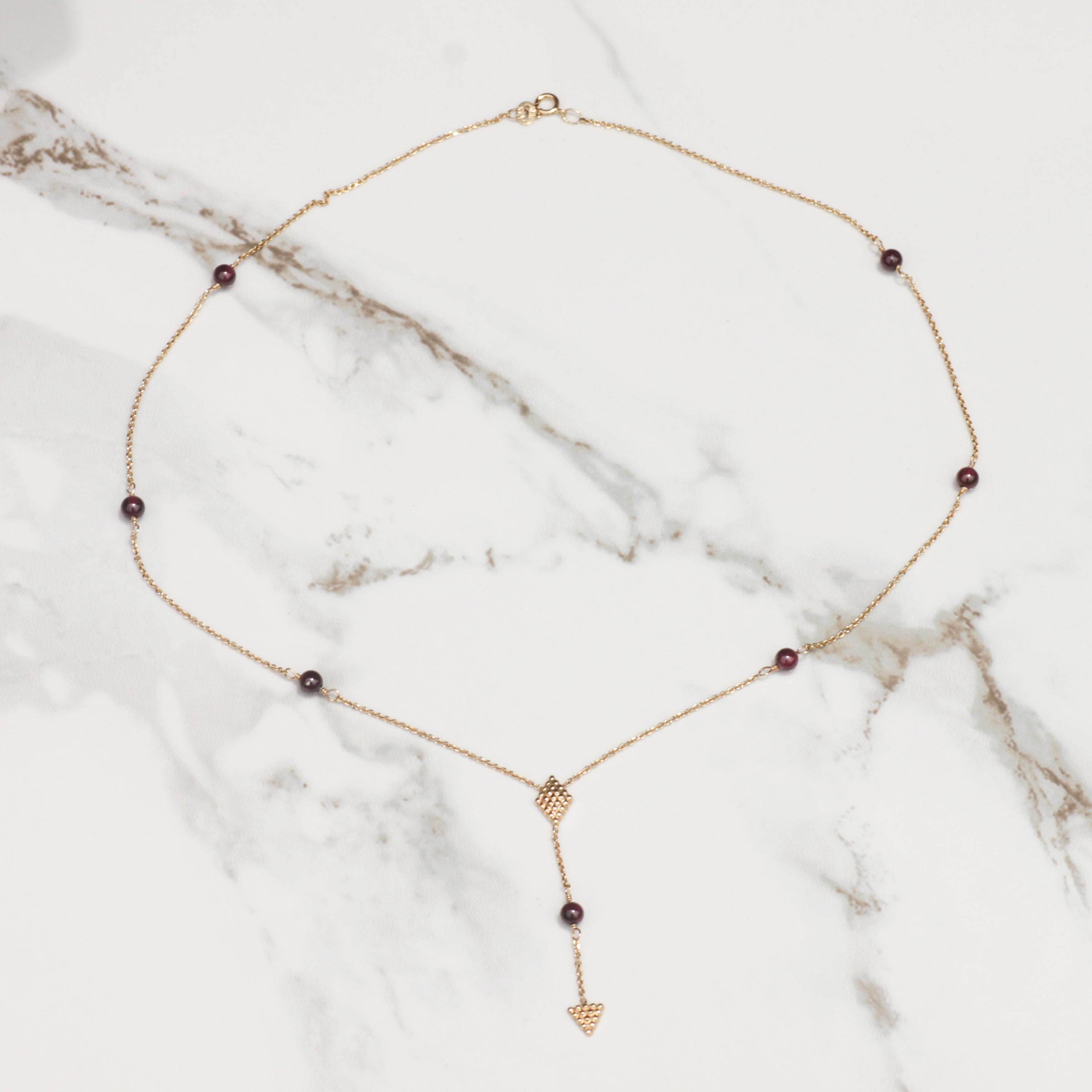 Vintage Garnet Stationed Bead Lariat Necklace 17" 14k Gold