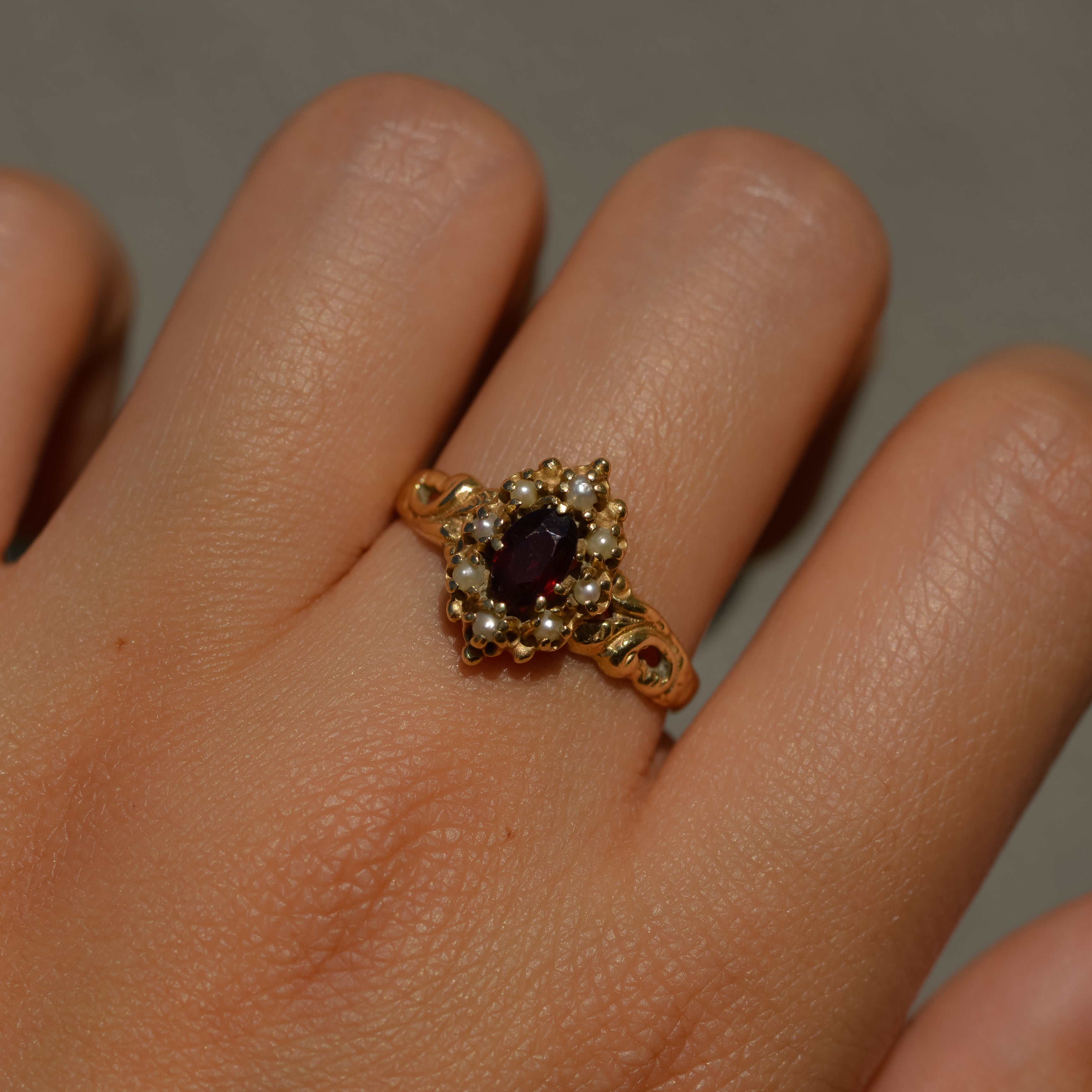 Victorian Garnet Pearl Halo Ring