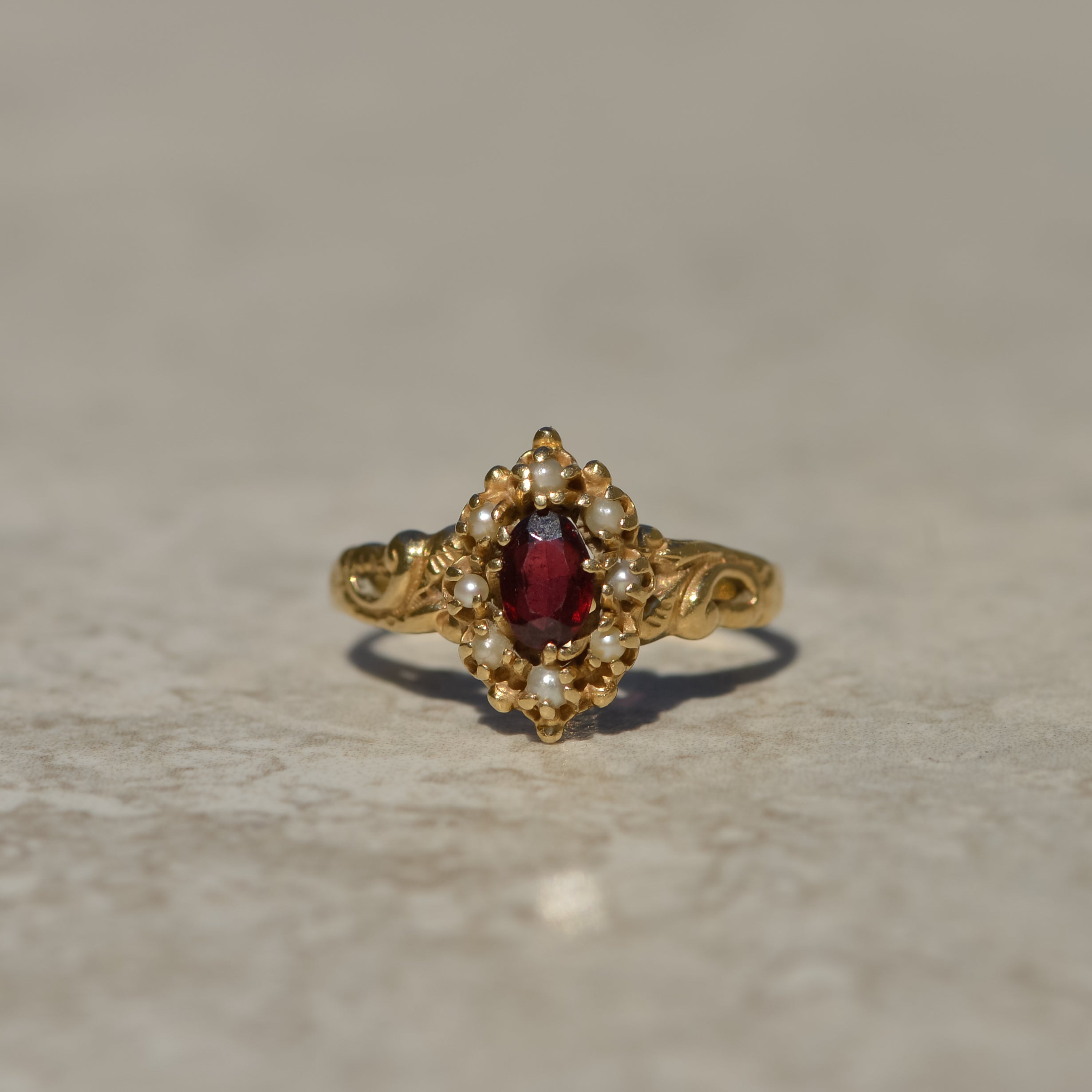 Victorian Garnet Pearl Halo Ring