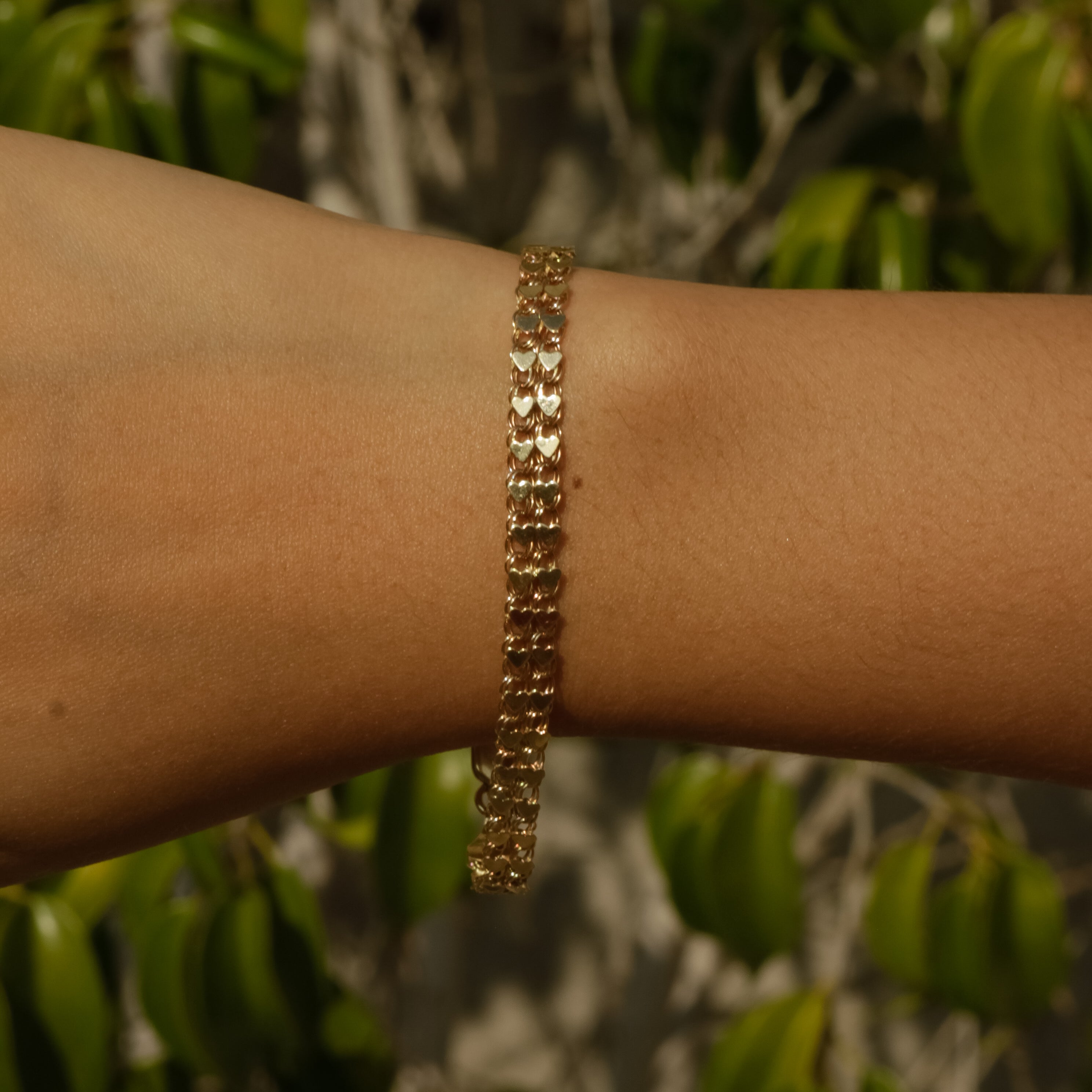 Vintage Double Row Heart Chain Bracelet 7" 14k
