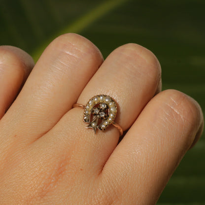 Victorian Seed Pearl and Rosecut Diamond Horseshoe Ring 10k Sz 4 3/4