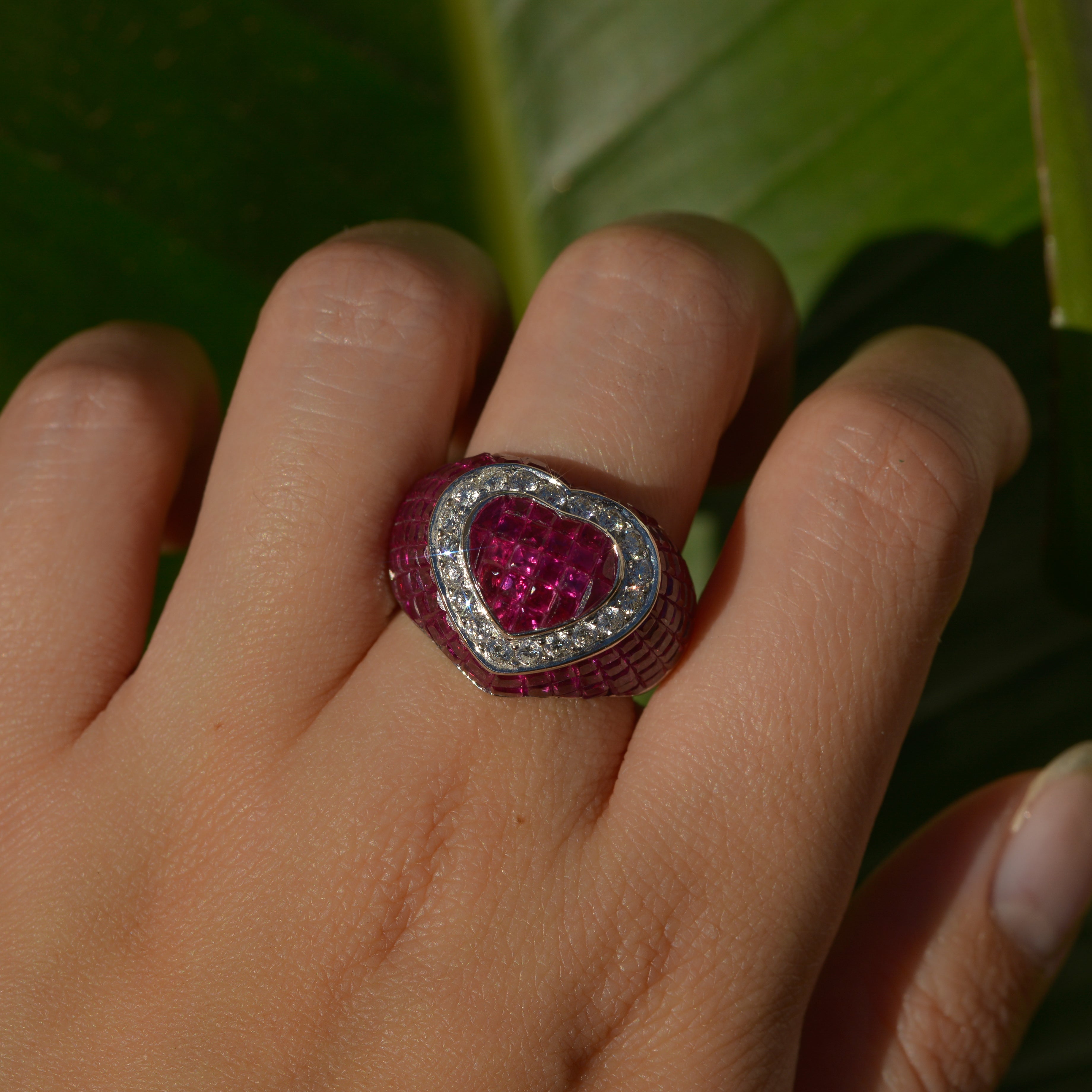 Vintage Invisible Set Ruby Heart Bombé Ring