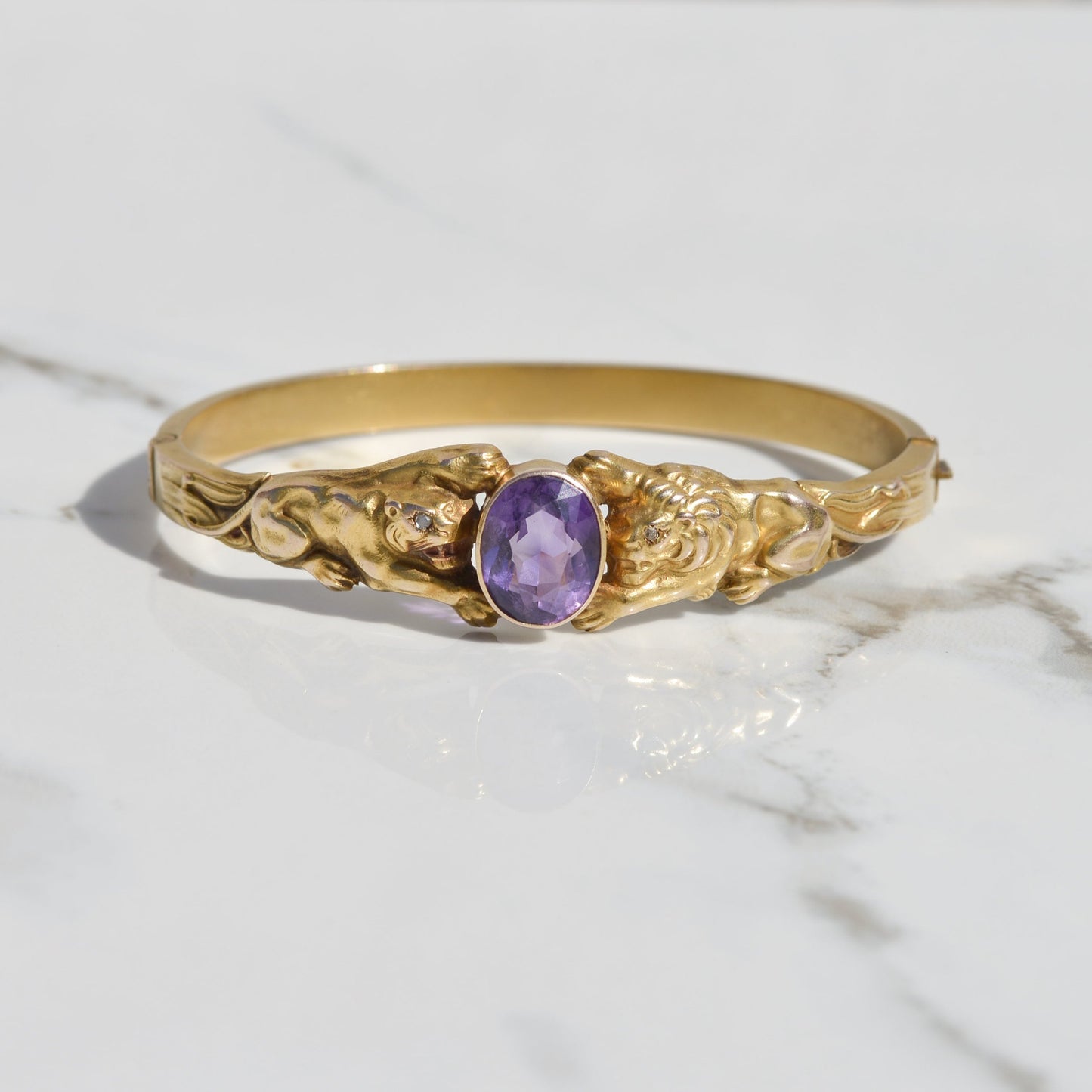 Antique Amethyst Lion Bangle 14k Gold