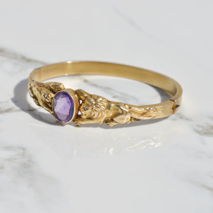 Antique Amethyst Lion Bangle 14k Gold