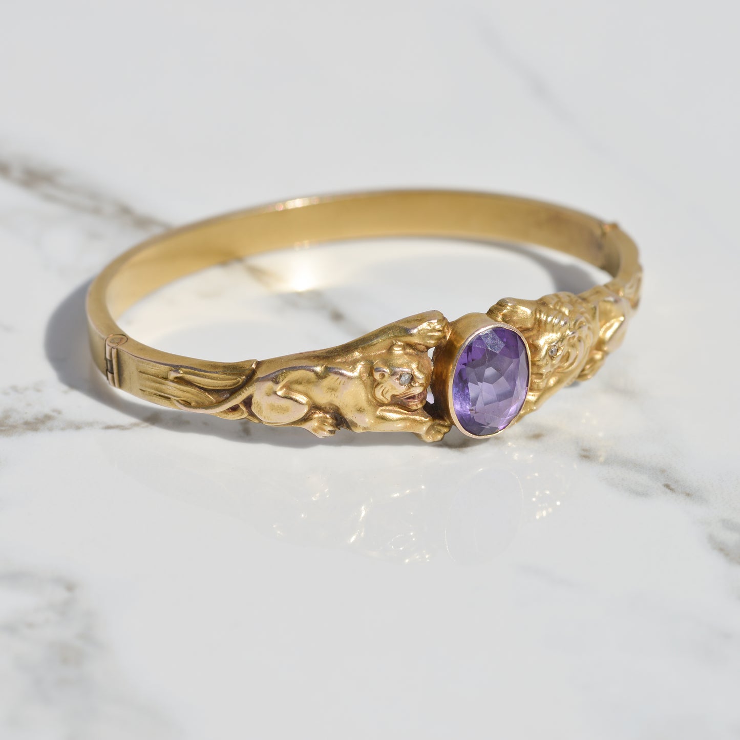 Antique Amethyst Lion Bangle 14k Gold