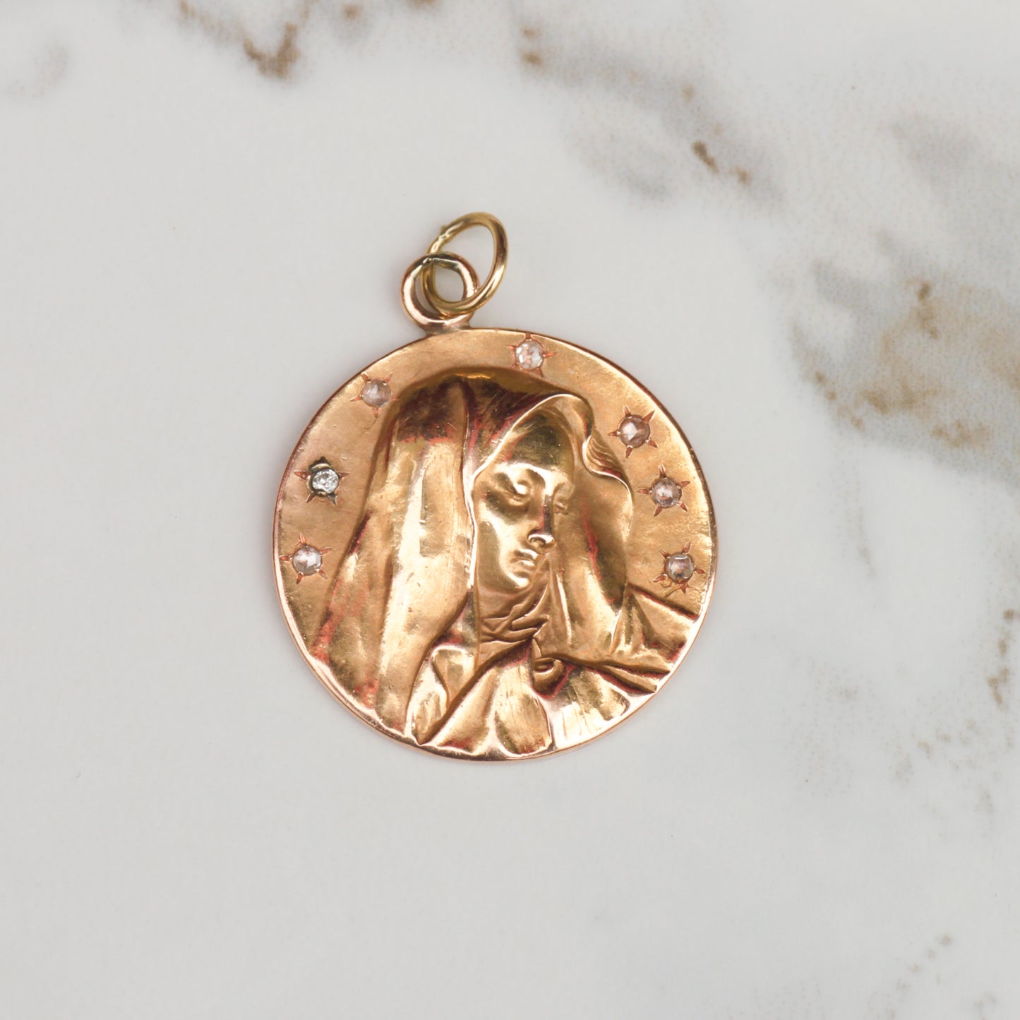 Antique Madonna Charm with Rosecut Diamonds 14k