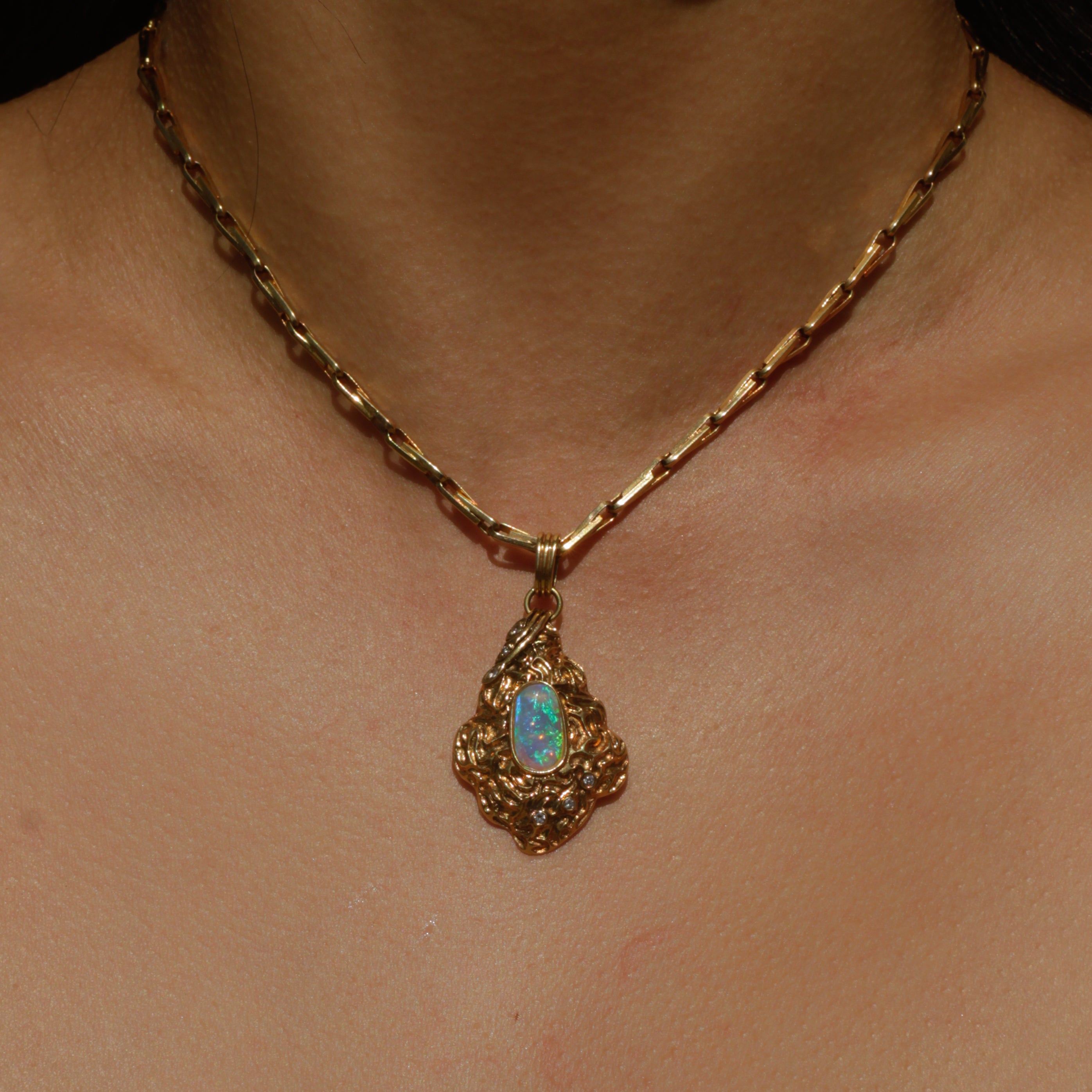 Vintage Modernist Opal and Diamond Pendant