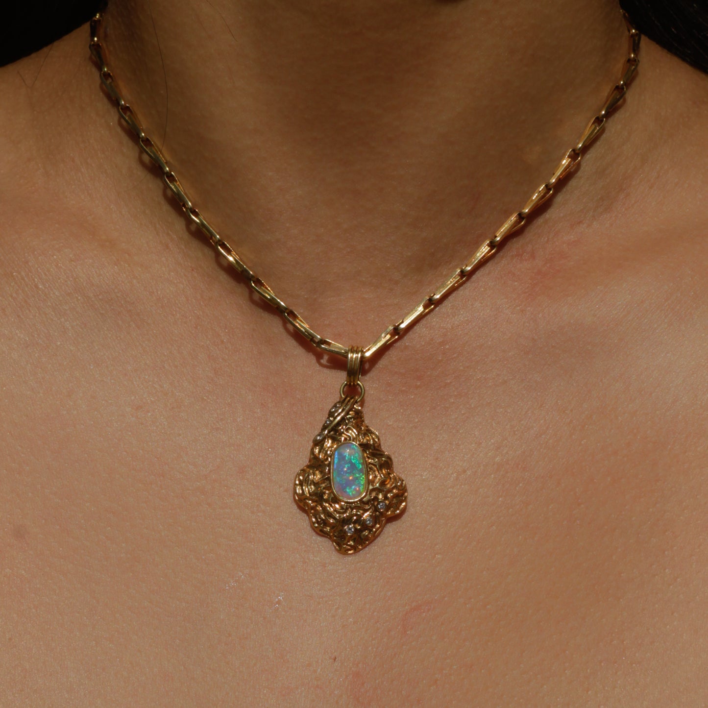 Vintage Modernist Opal and Diamond Pendant 14k Gold