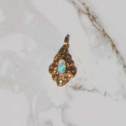 Vintage Modernist Opal and Diamond Pendant 14k Gold