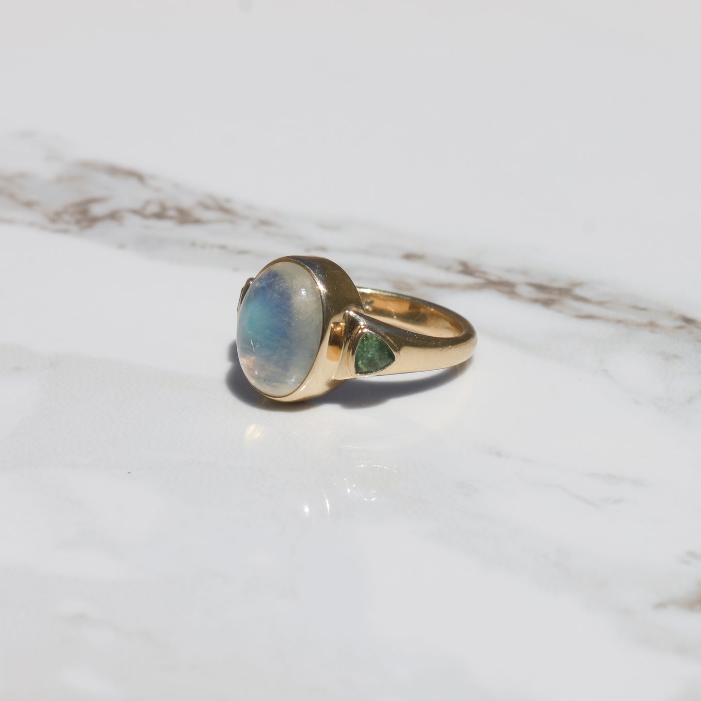 Vintage Moonstone and Tourmaline Ring Sz 6 1/4 14k