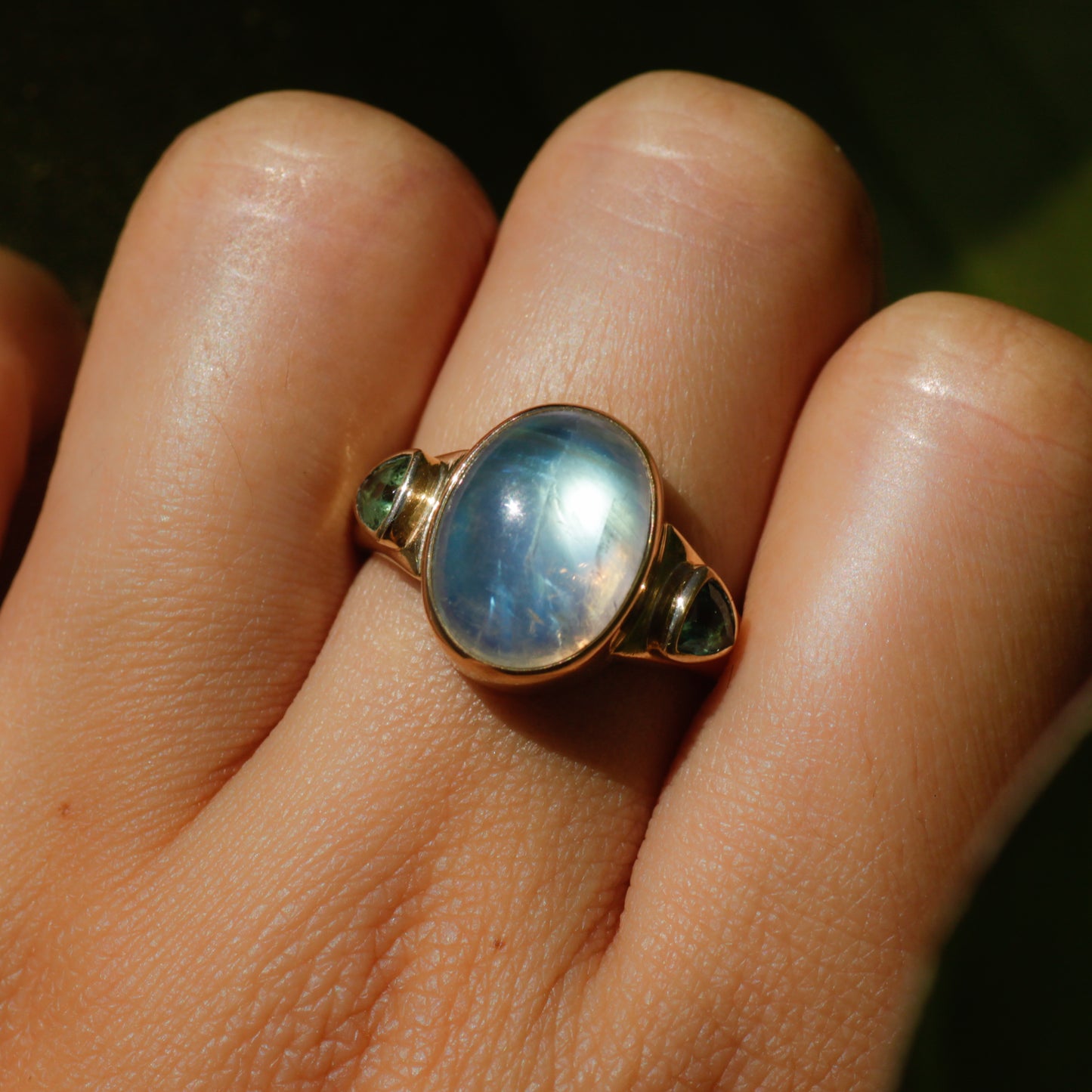 Vintage Moonstone and Tourmaline Ring Sz 6 1/4 14k