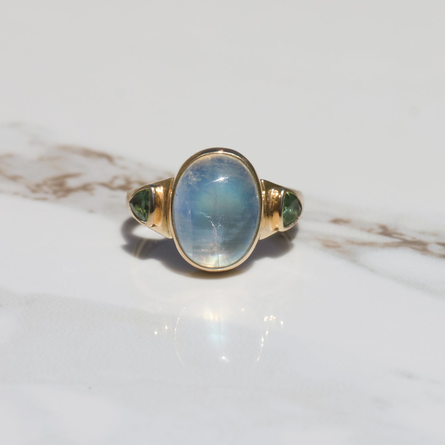 Vintage Moonstone and Tourmaline Ring Sz 6 1/4 14k