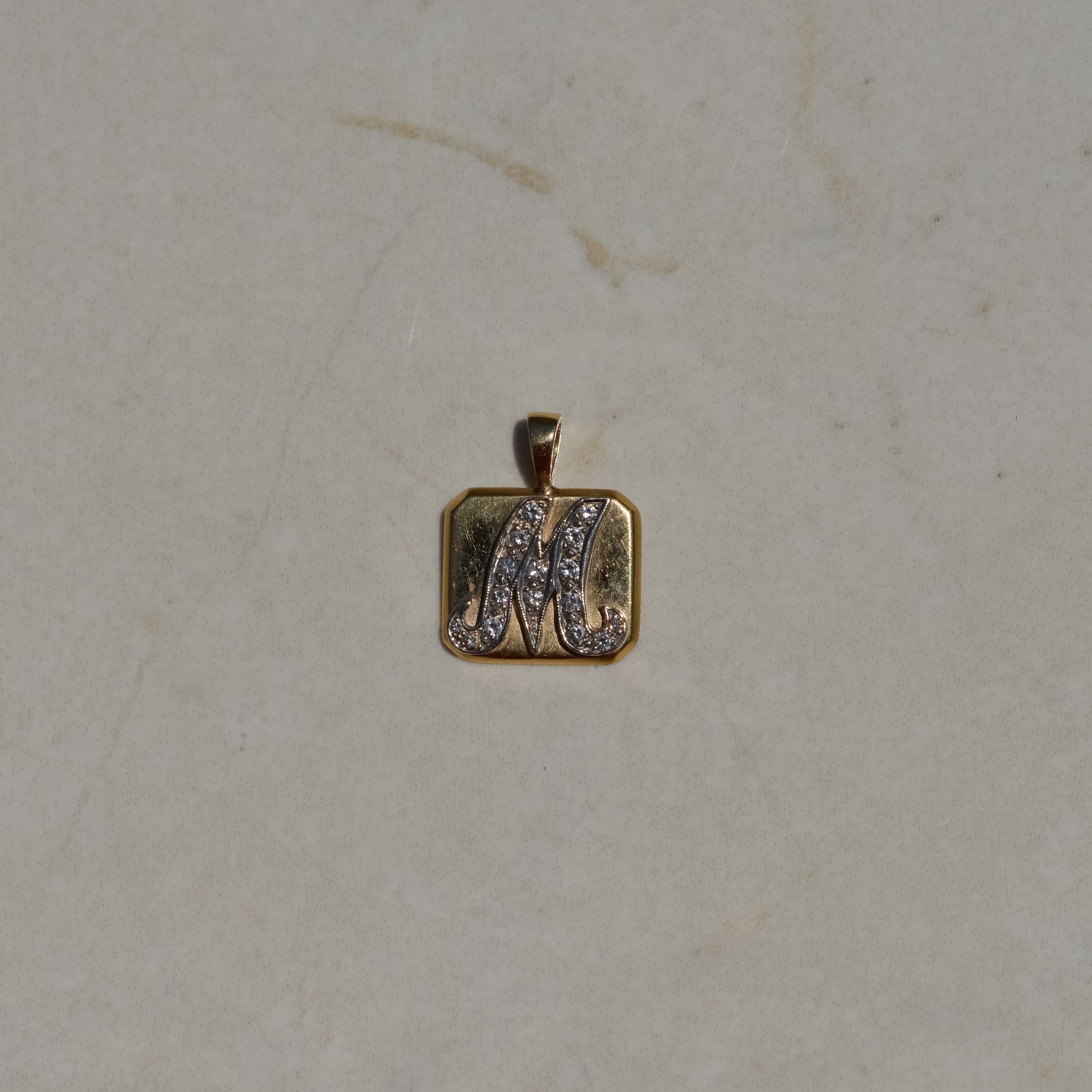Vintage Cursive M Diamond Tablet Charm