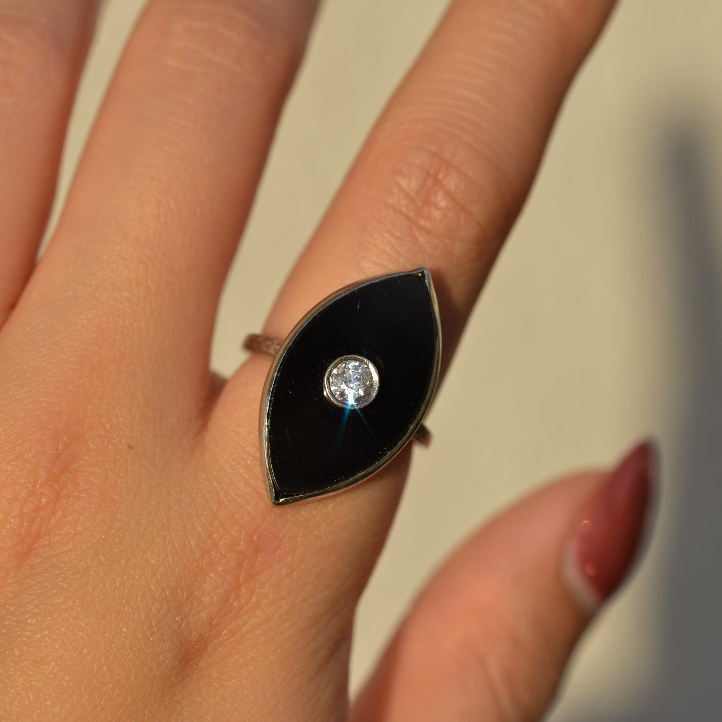 Art Deco Onyx & Diamond Navette Ring