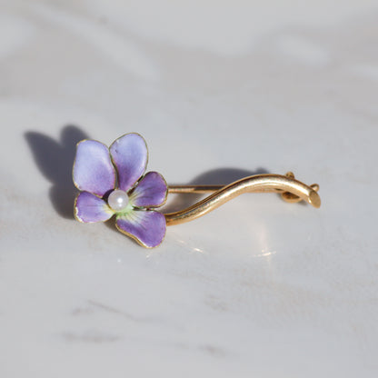 Antique Art Nouveau Enamel Violet Pin 14k Gold