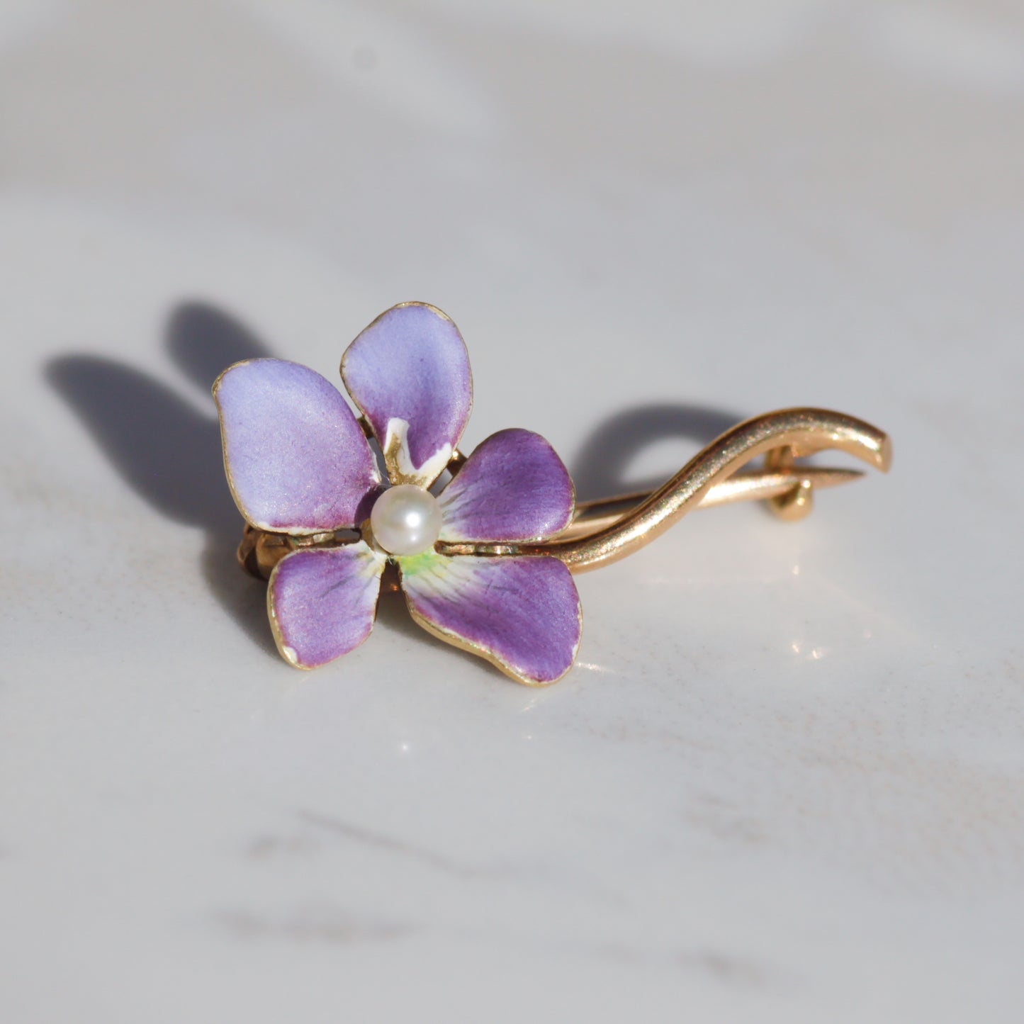 Antique Art Nouveau Enamel Violet Pin 14k Gold