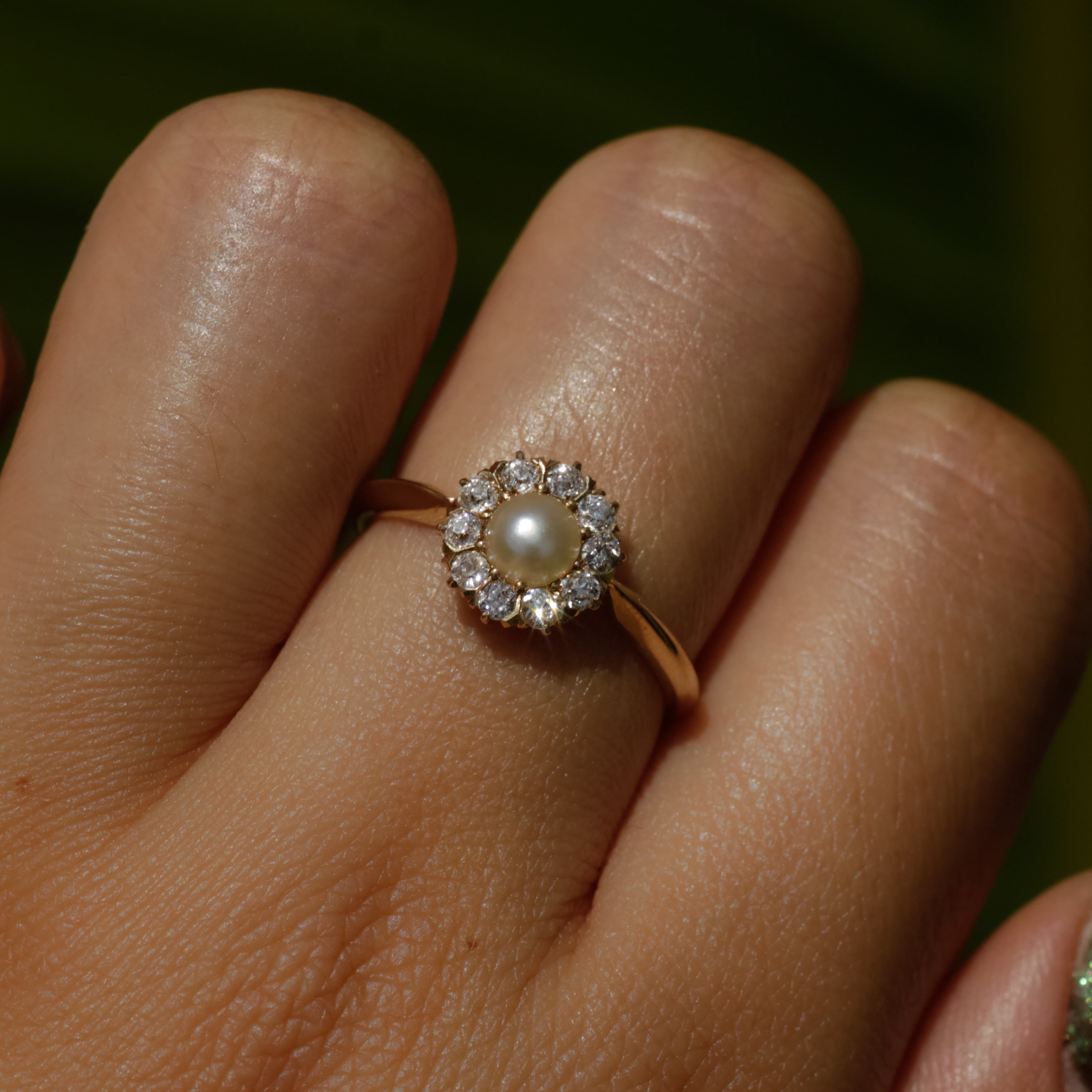 Antique Pearl and Old Mine Diamond Halo Ring