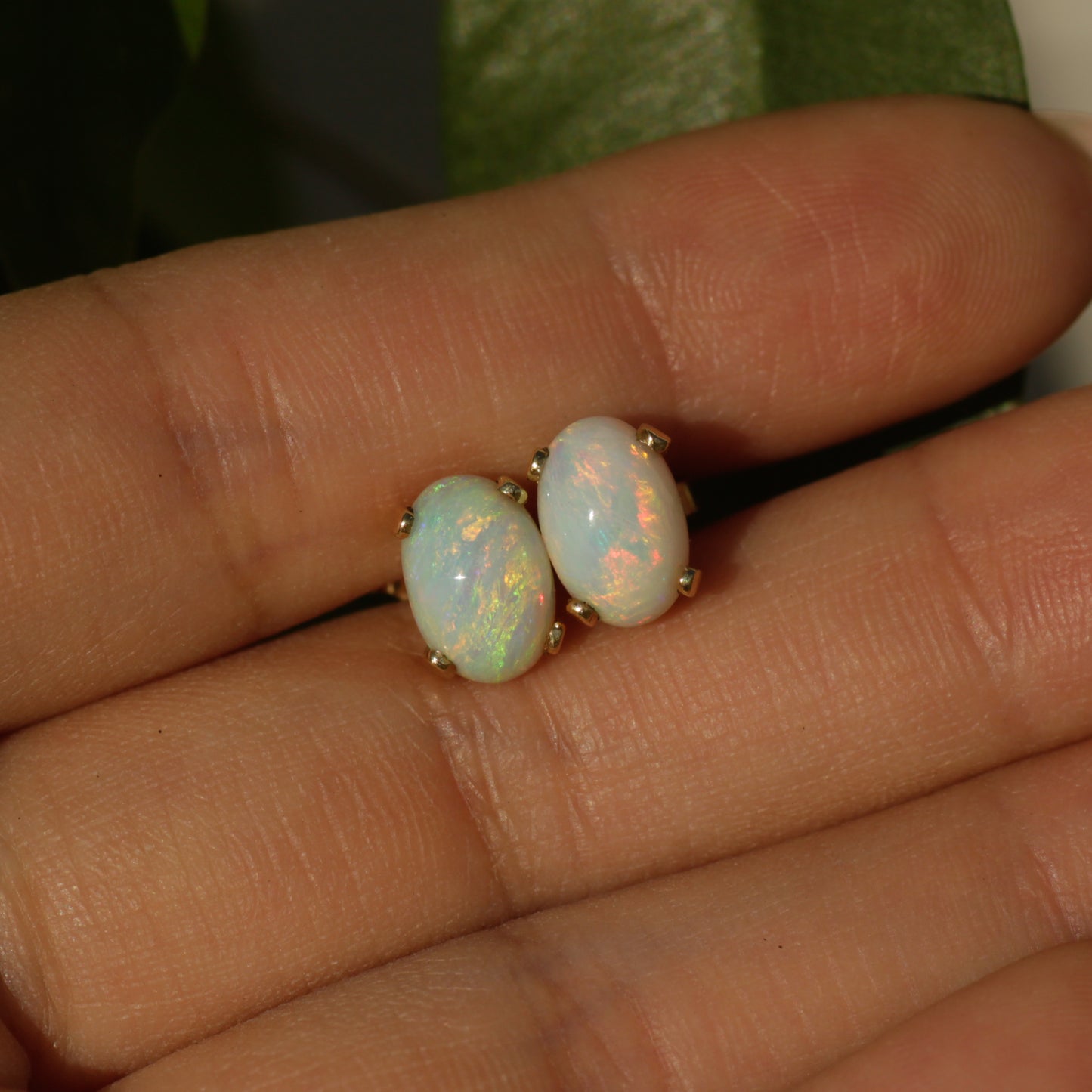 Vintage Opal Cabochon Stud Earrings 14k