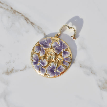 Art Nouveau Enamel Pansy Fairy Pendant 14k