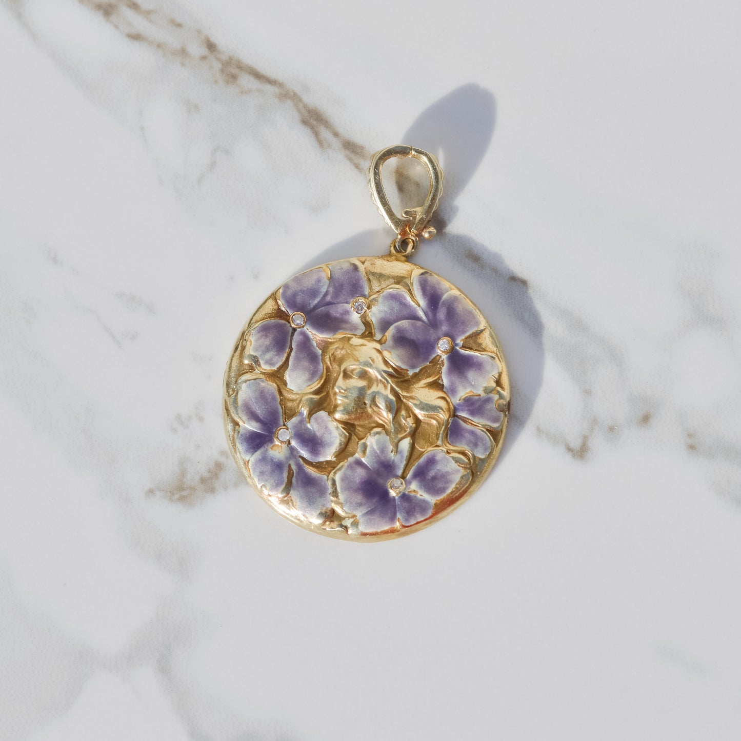 Art Nouveau Enamel Pansy Fairy Pendant 14k