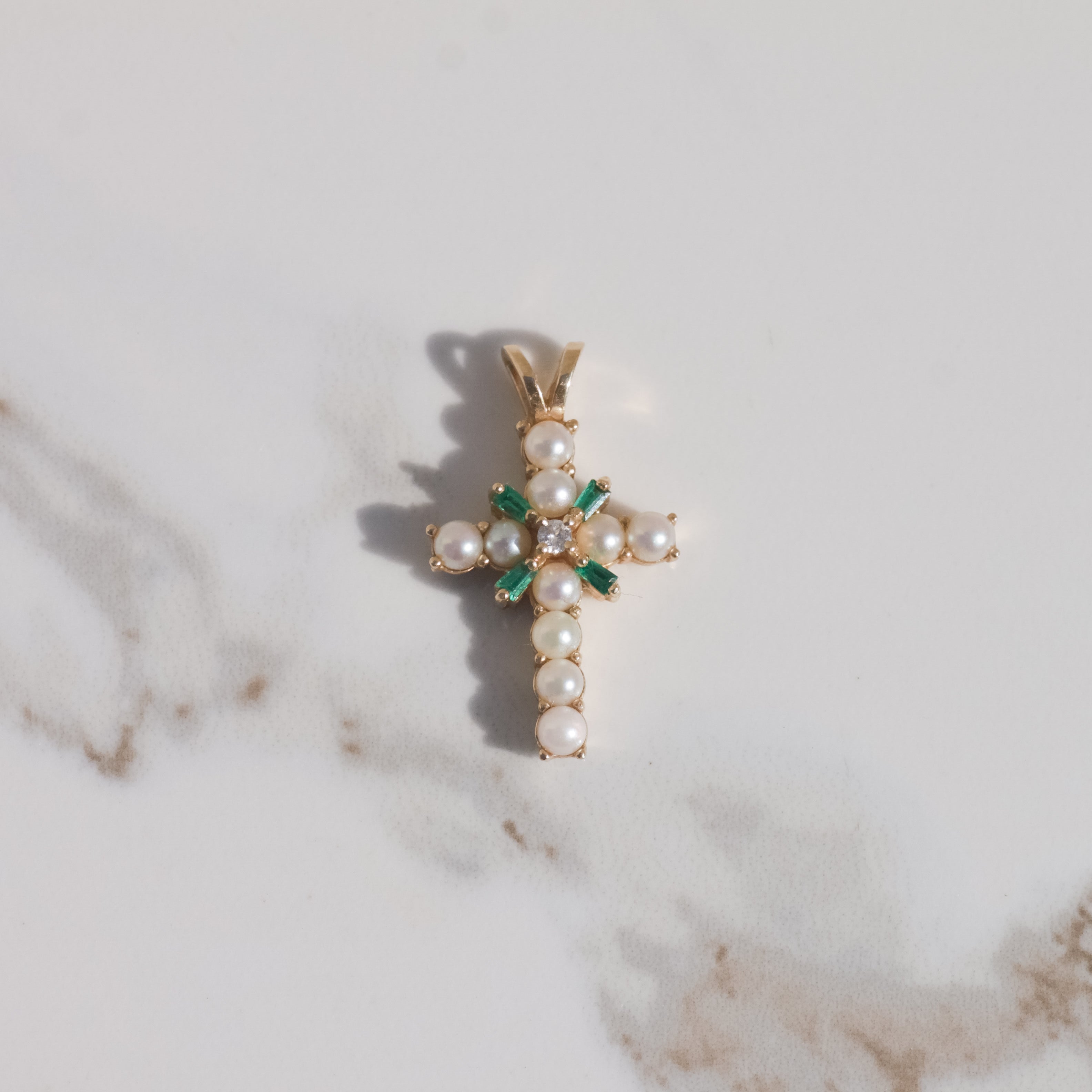 Vintage Pearl, Diamond, and Lab Emerald Cross Charm 14k