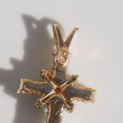 Vintage Pearl, Diamond, and Lab Emerald Cross Charm 14k