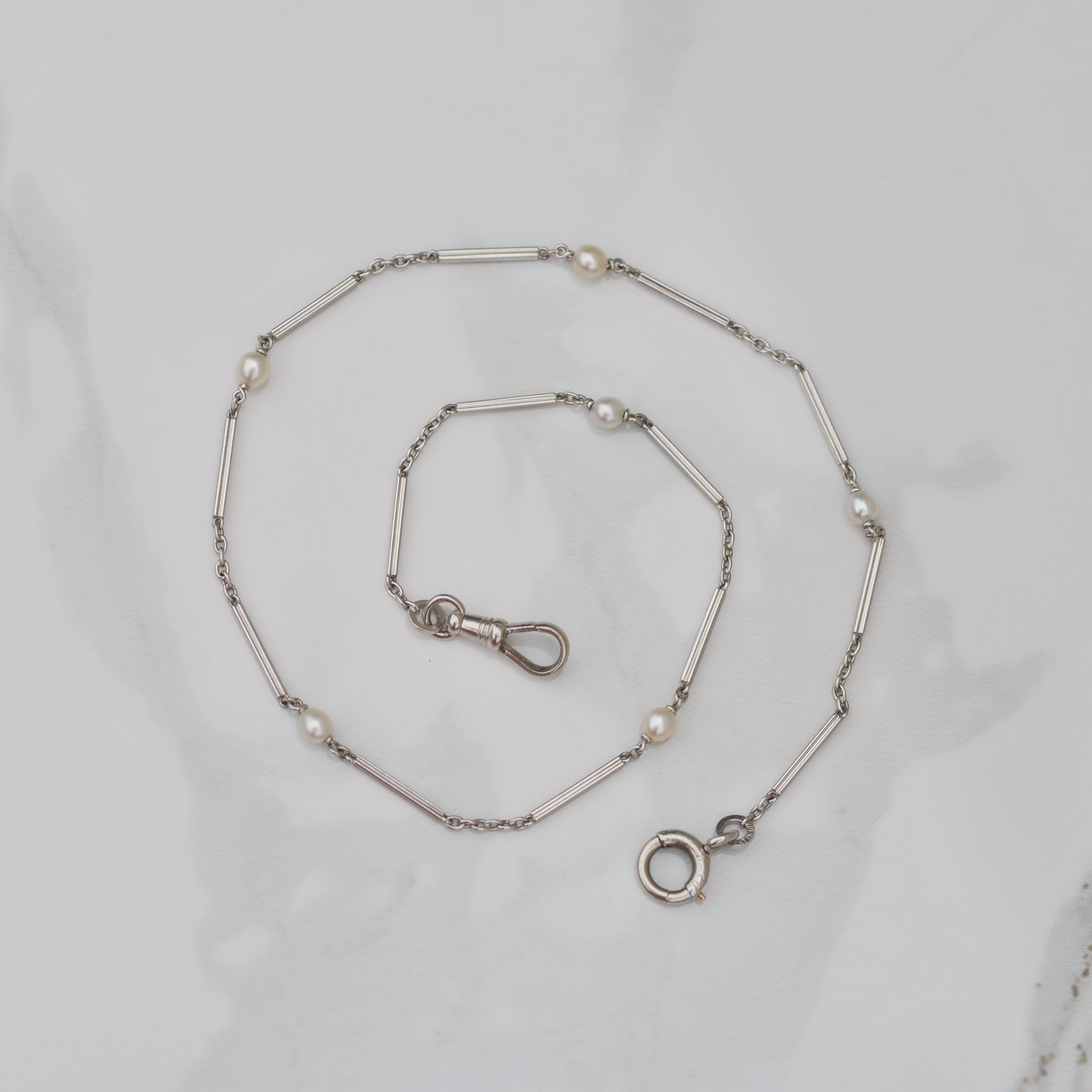 Antique Stationed Pearl Watch Chain 14.25" Platinum
