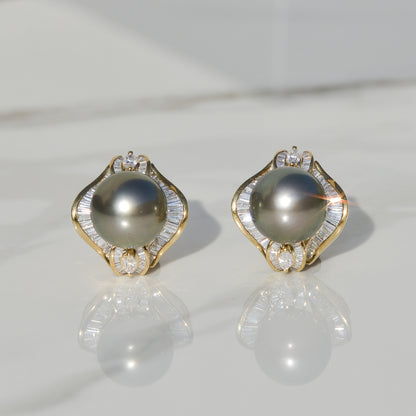 Vintage Black Cultured Pearl and DIamond Earrings 18k