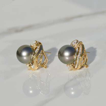 Vintage Black Cultured Pearl and DIamond Earrings 18k