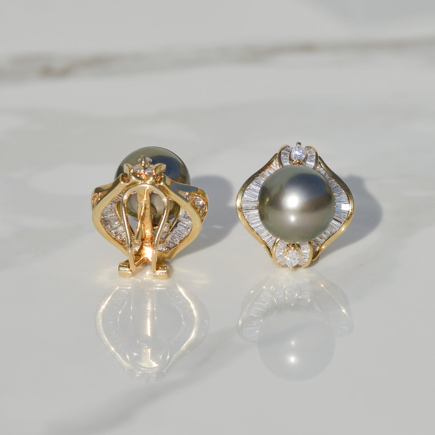 Vintage Black Cultured Pearl and DIamond Earrings 18k