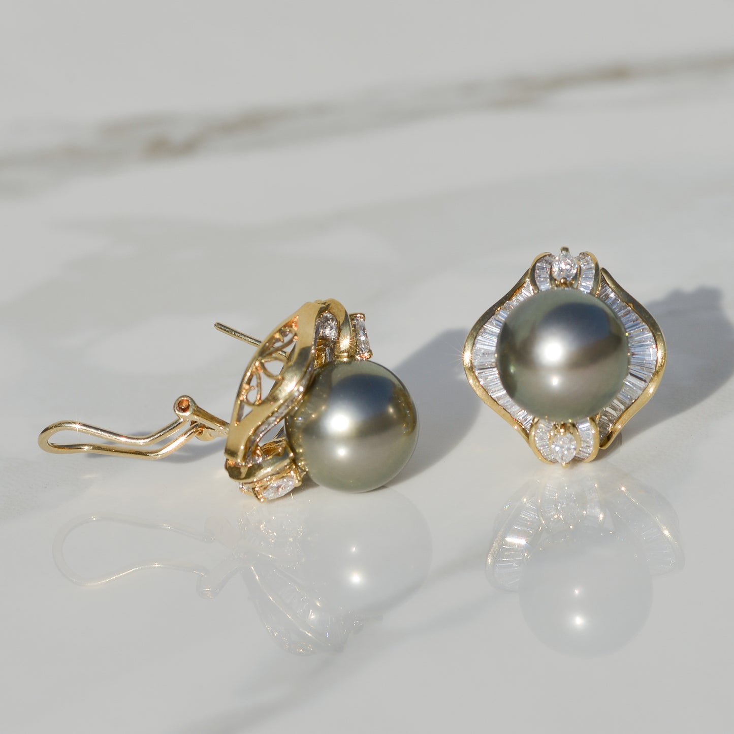 Vintage Black Cultured Pearl and DIamond Earrings 18k