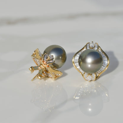 Vintage Black Cultured Pearl and DIamond Earrings 18k