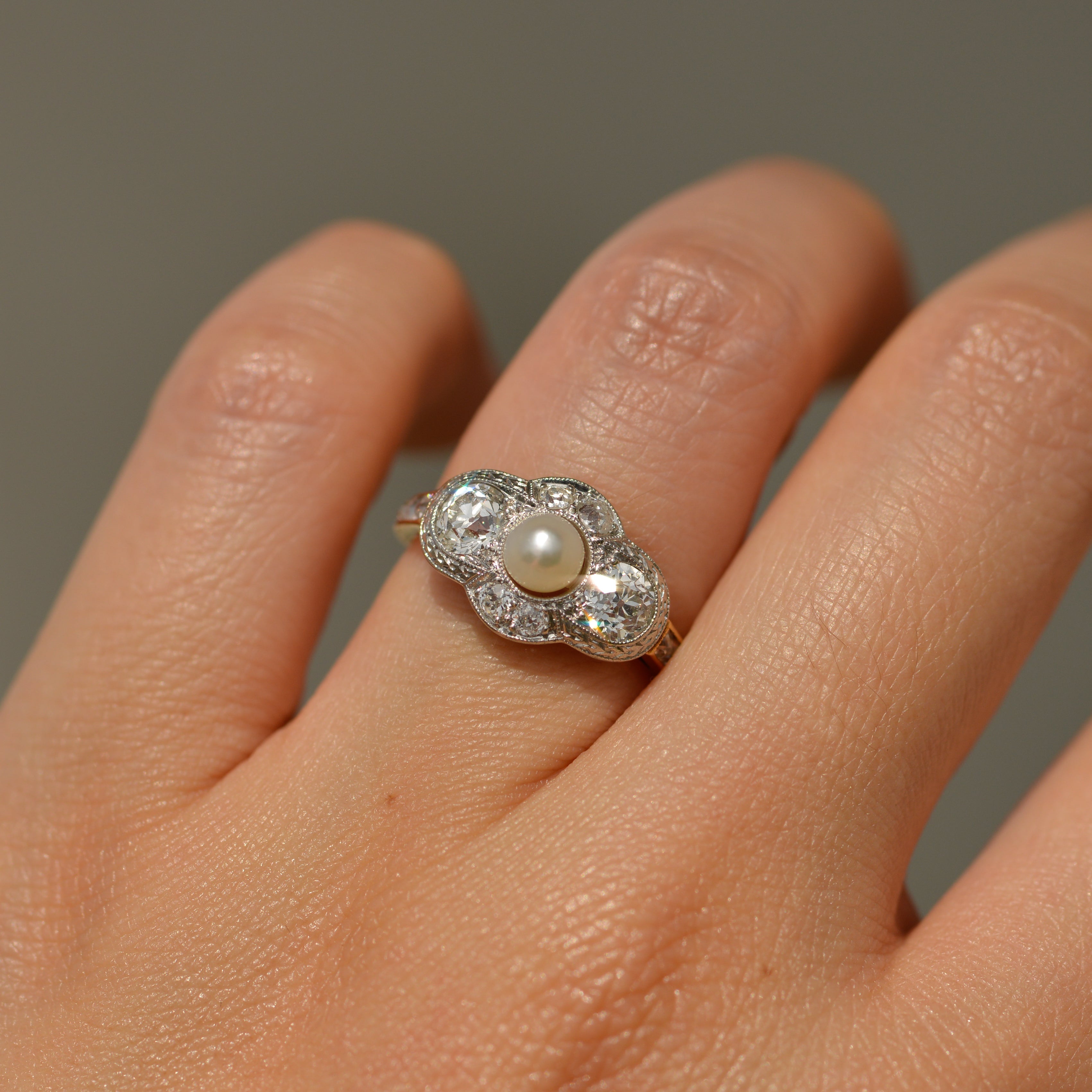 Edwardian Pearl and Diamond Quatrefoil Ring