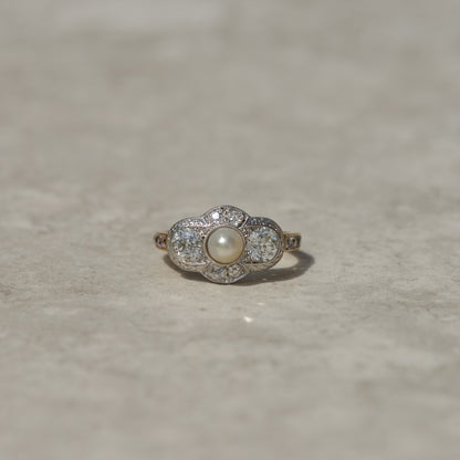 Edwardian Pearl and Diamond Quatrefoil Ring