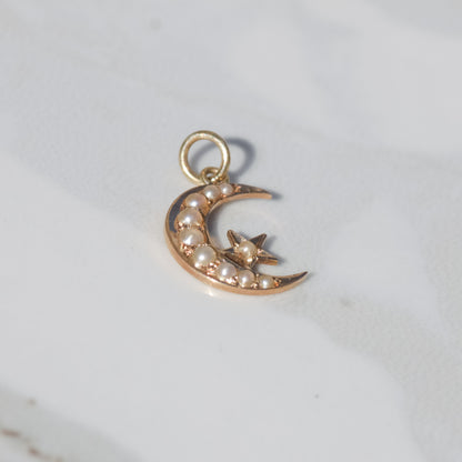 Antique Moon and Star Seed Pearl Charm 14k