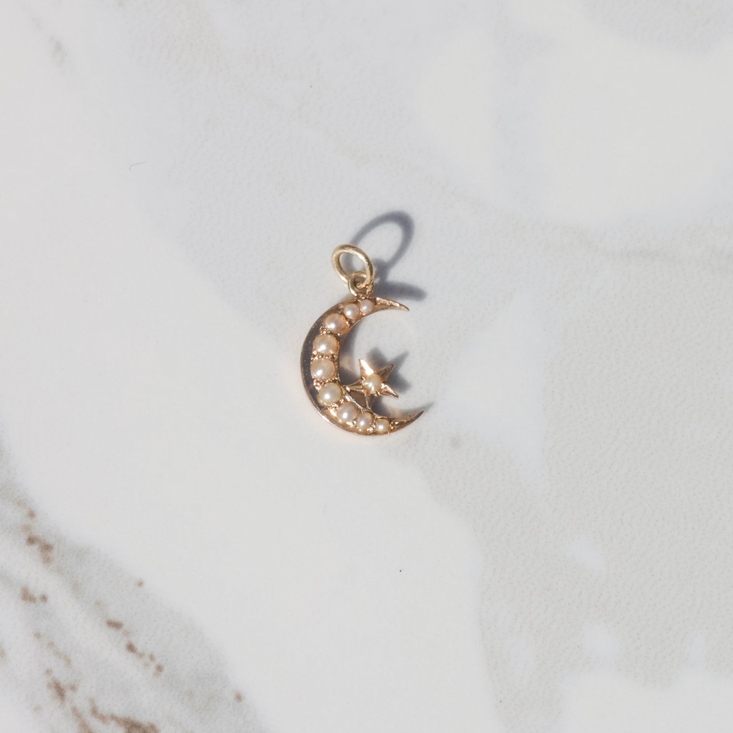 Antique Moon and Star Seed Pearl Charm 14k