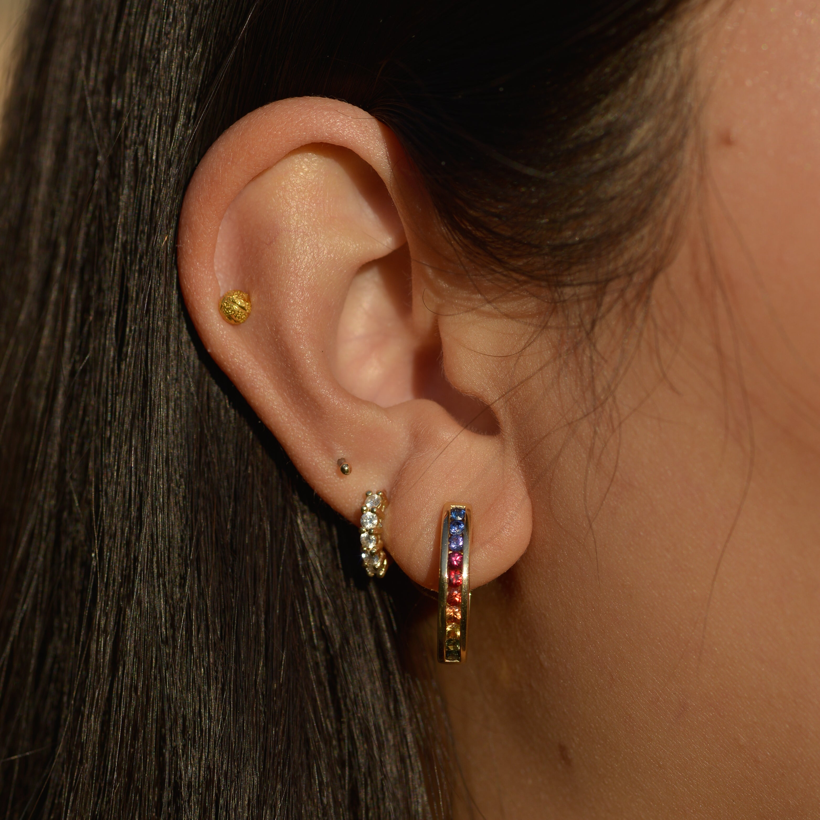 Vintage Rainbow Sapphire Oval Hoop Earrings