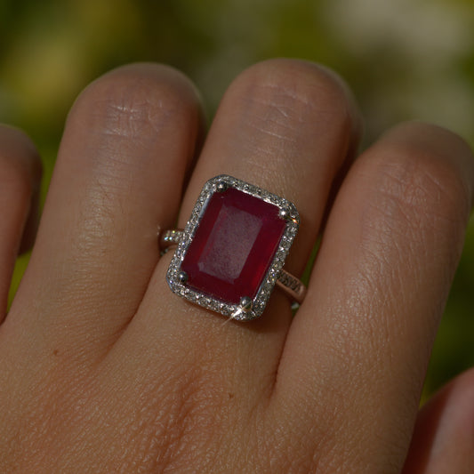 Estate Ruby and Diamond Halo Ring Sz 6 14k