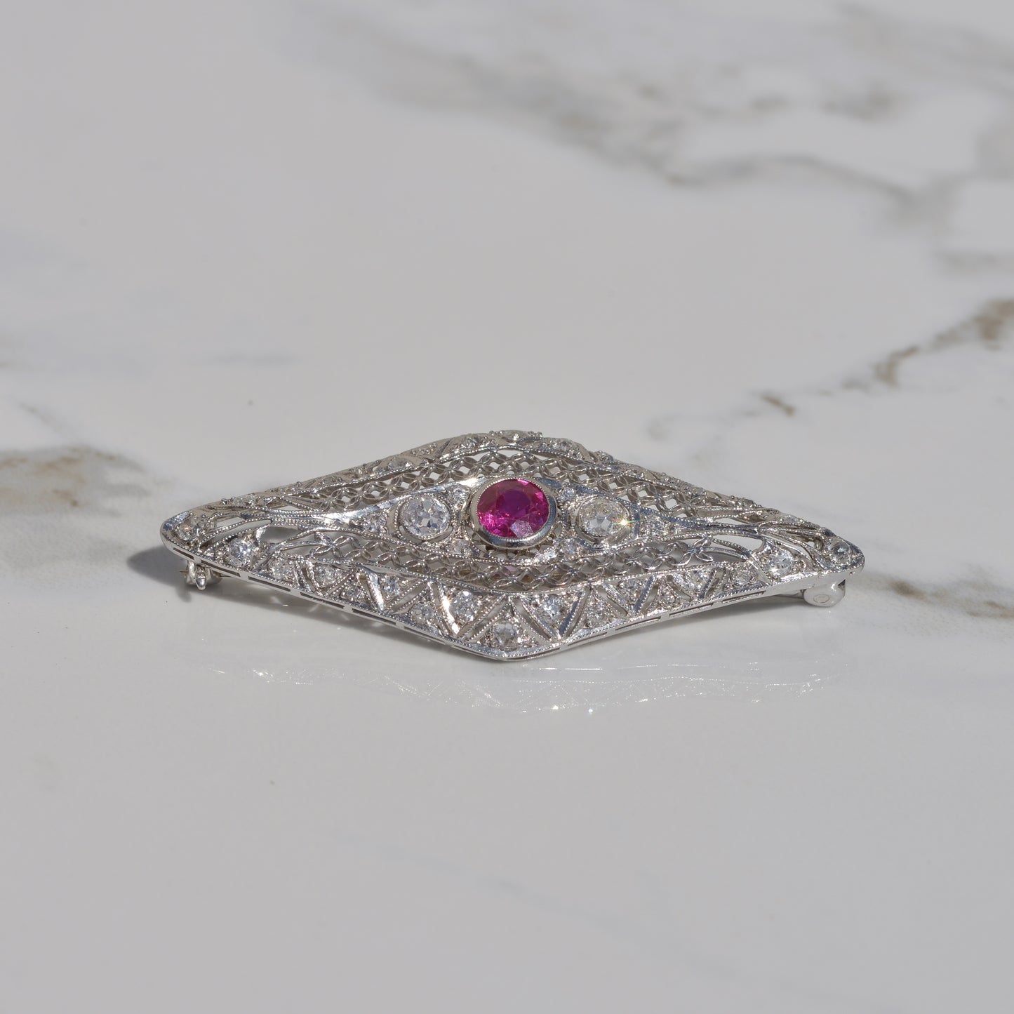 Art Deco Lab Ruby and Diamond Brooch Platinum